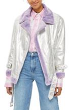 Women's Topshop Faux Fur Metallic Biker Jacket Us (fits Like 0) - Purple