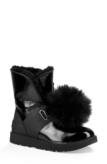 Women's Ugg Isley Genuine Shearling Waterproof Patent Pom Bootie .5 M - Black