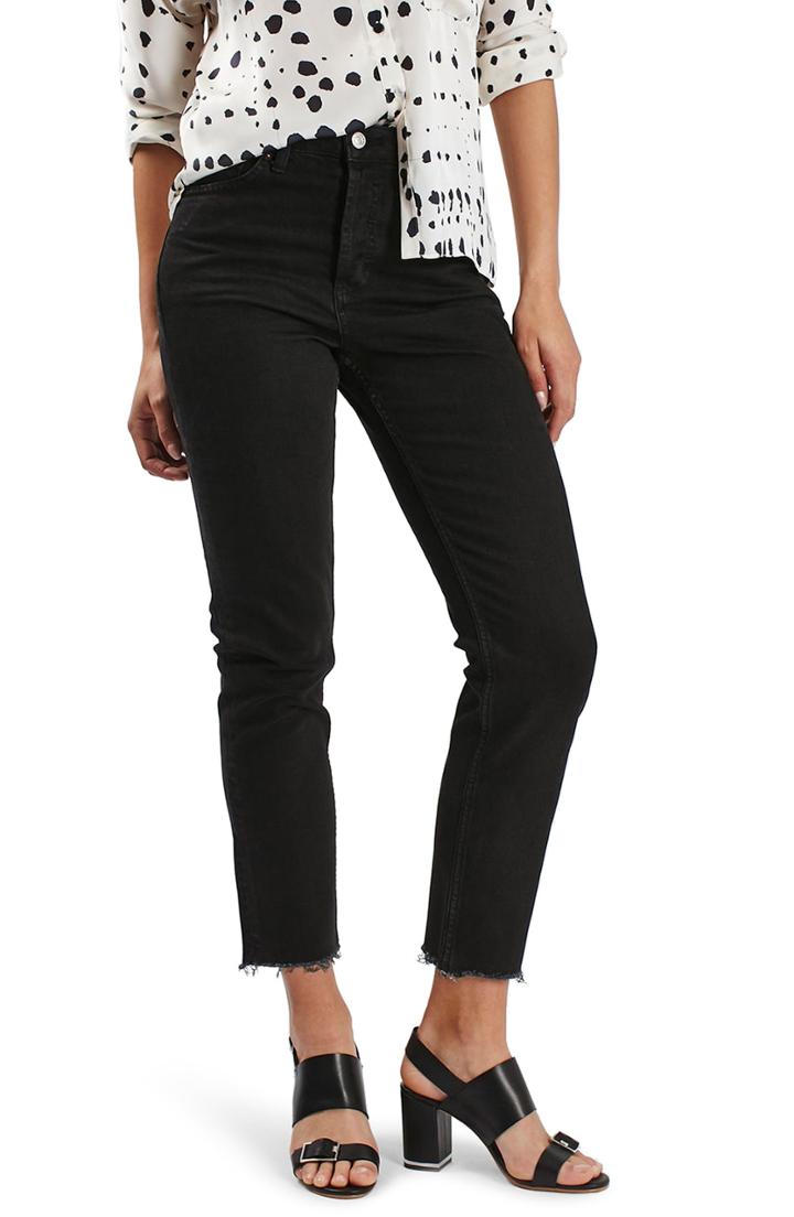 Women's Topshop Raw Hem Straight Leg Jeans W X 32l (fits Like 30-31w) - Black