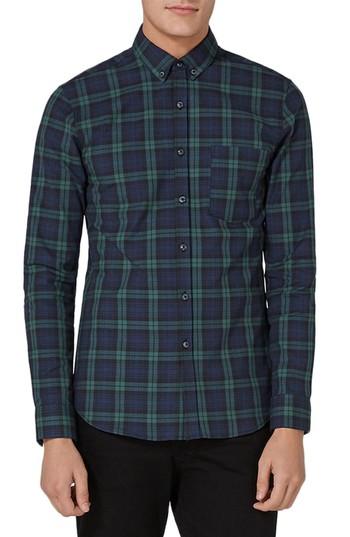 Men's Topman Muscle Fit Black Watch Plaid Shirt, Size - Green