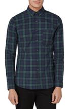 Men's Topman Muscle Fit Black Watch Plaid Shirt, Size - Green
