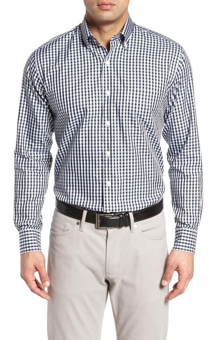 Men's Peter Millar Black Sand Classic Fit Gingham Check Sport Shirt, Size - Black