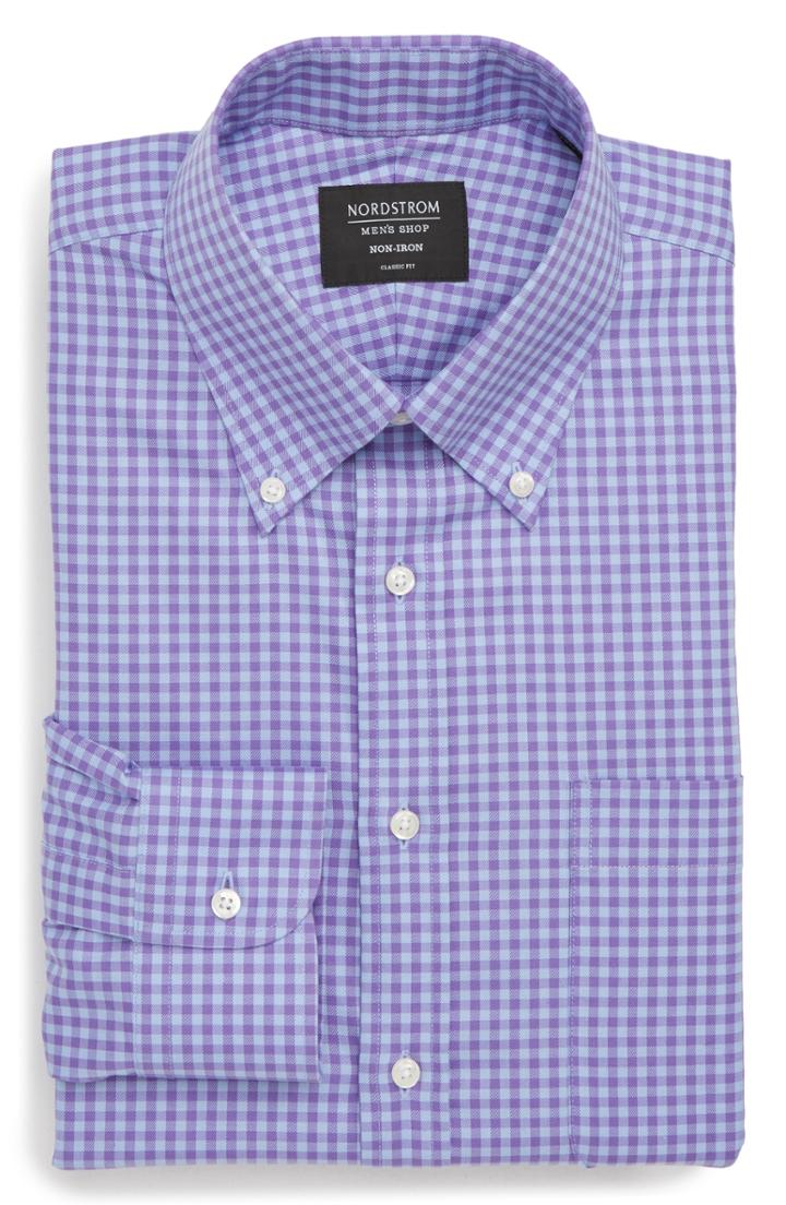 Men's Nordstrom Men's Shop Classic Fit Non-iron Gingham Dress Shirt - 36 - Purple (online Only)