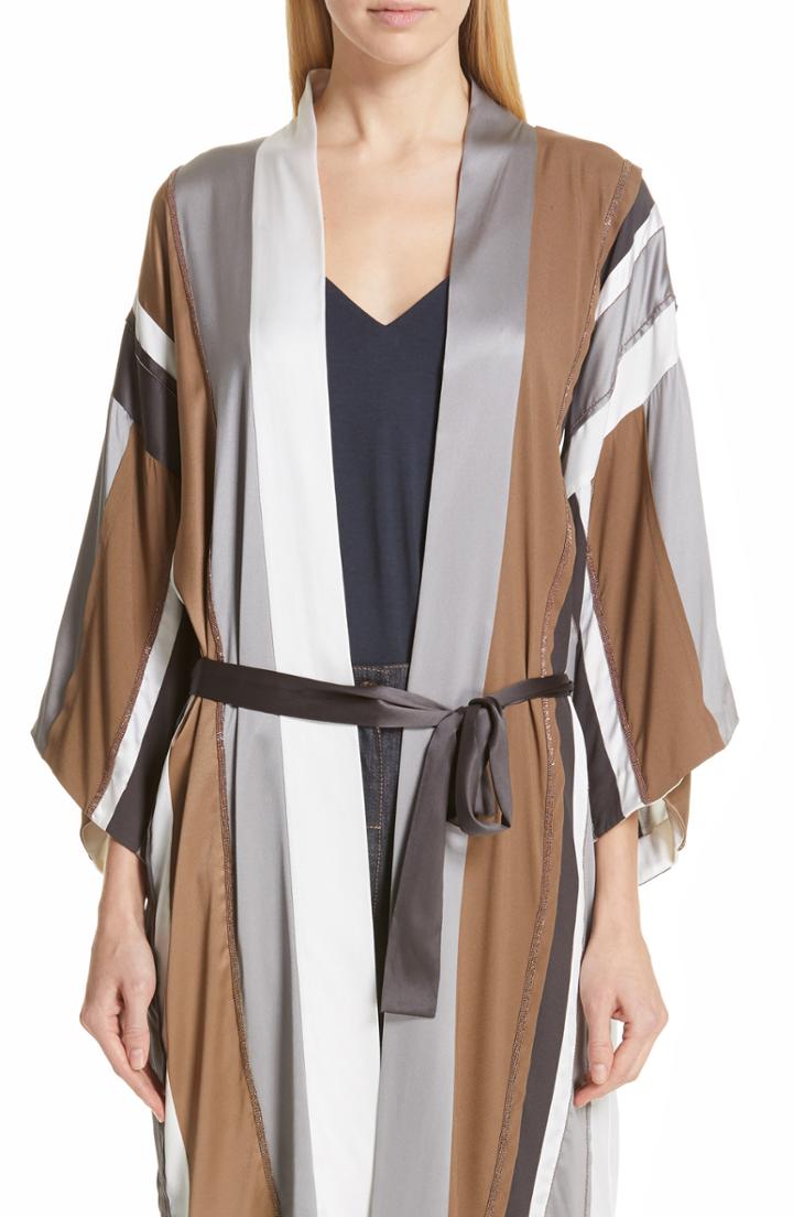Women's Brunello Cucinelli Monili Trim Stripe Satin Robe - Grey