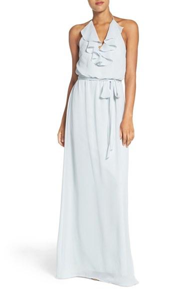 Women's Nouvelle Amsale 'dani' Ruffle Neck V-neck Halter Gown - Blue