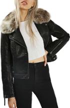 Women's Topshop 'honey' Faux Fur Collar Faux Leather Moto Jacket Us (fits Like 0) - Black