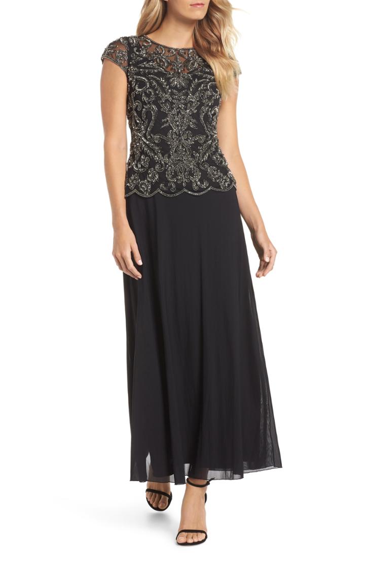 Women's Pisarro Nights Beaded Mesh Mock Two-piece Gown (similar To 14w) - Black