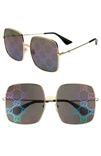 Men's Gucci 60mm Square Sunglasses - Gold/ Grey
