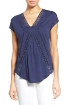 Petite Women's Caslon Lace Trim V-neck Top P - Blue