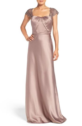 Women's La Femme Embellished Lace & Satin Gown - Brown