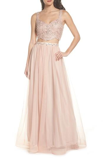 Women's Sequin Hearts Beaded Lace Two-piece Gown - Pink