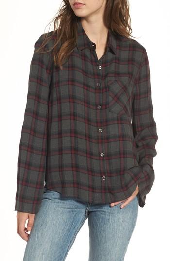 Women's Bp. Flare Sleeve Plaid Shirt, Size - Grey