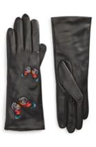 Women's Fownes Brothers Embroidered Leather Gloves - Black