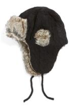 Women's Nirvanna Designs Cable Knit Ear Flap Hat With Faux Fur Trim - Black