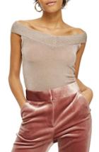 Women's Topshop Metallic Off The Shoulder Knit Top Us (fits Like 0) - Pink