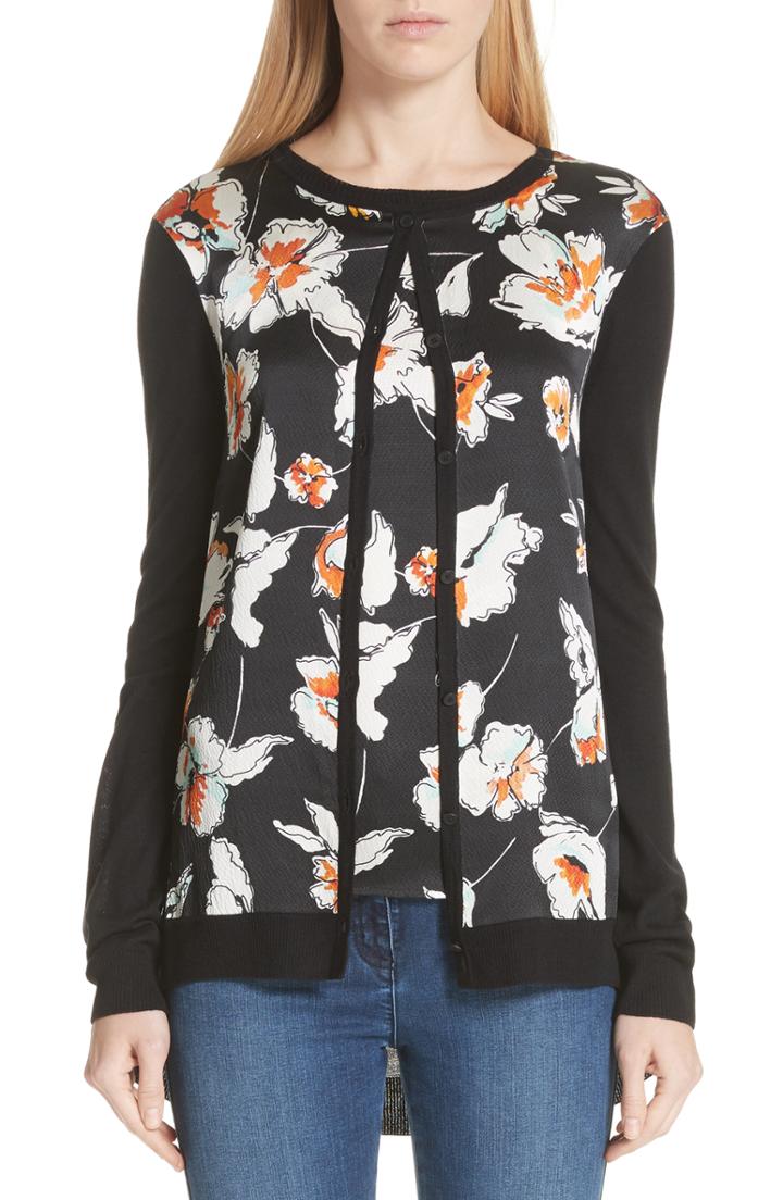 Women's St. John Collection Modern Floral Hammered Satin & Jersey Knit Cardigan - Black