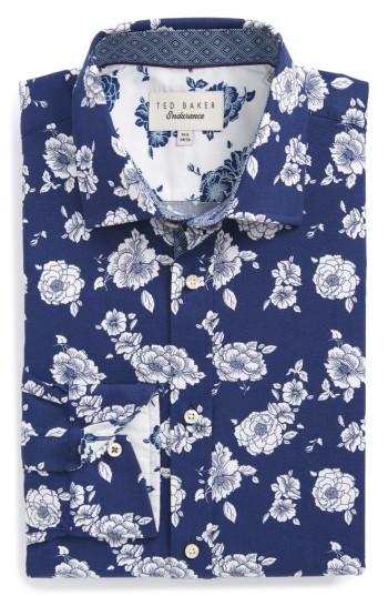Men's Ted Baker London Trim Fit Floral Dress Shirt .5 - 34/35 - Blue