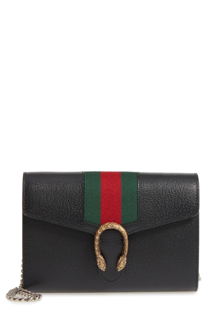 Women's Gucci Dionysus Web Stripe Leather Wallet On A Chain -
