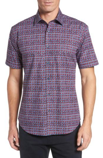 Men's Bugatchi Shaped Fit Abstract Check Sport Shirt, Size - Red
