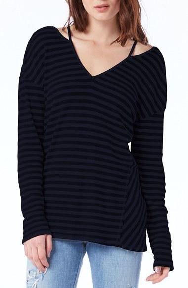 Women's Michael Stars Cutout Shoulder Stripe Thermal Top, Size - Blue