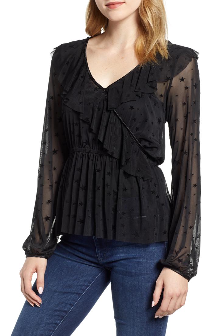 Women's Gibson X Glam Squad Mesh Ruffle Faux Wrap Top - Black