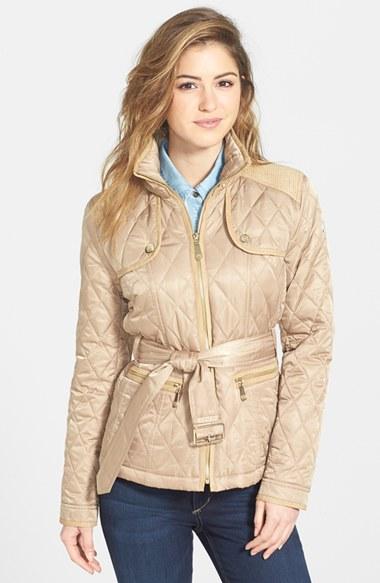 Women's Vince Camuto Faux Suede Trim Belted Quilted Jacket