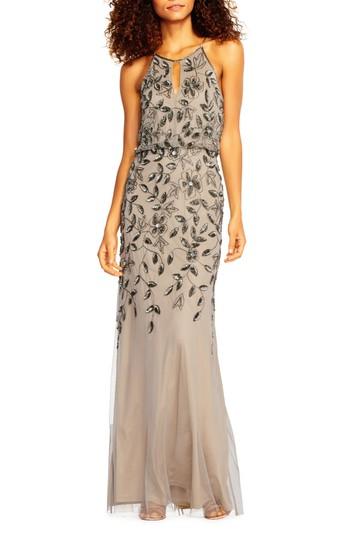 Women's Adrianna Papell Beaded Halter Neck Mermaid Gown - Grey