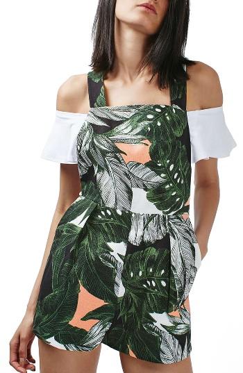 Women's Topshop Leaf Print Ring Back Romper Us (fits Like 14) - Green