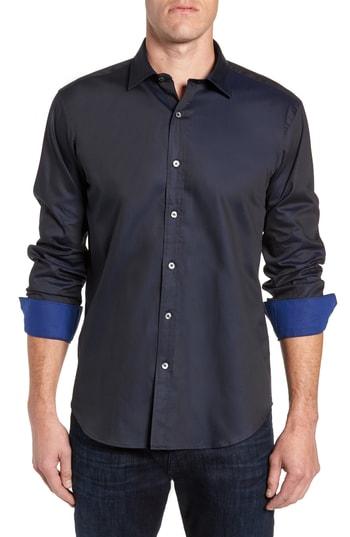 Men's Bugatchi Shaped Fit Contrast Cuff Sport Shirt, Size - Blue