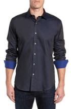 Men's Bugatchi Shaped Fit Contrast Cuff Sport Shirt, Size - Blue