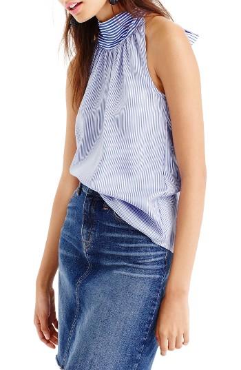Women's J.crew Stripe Silk Tie Neck Top - Blue