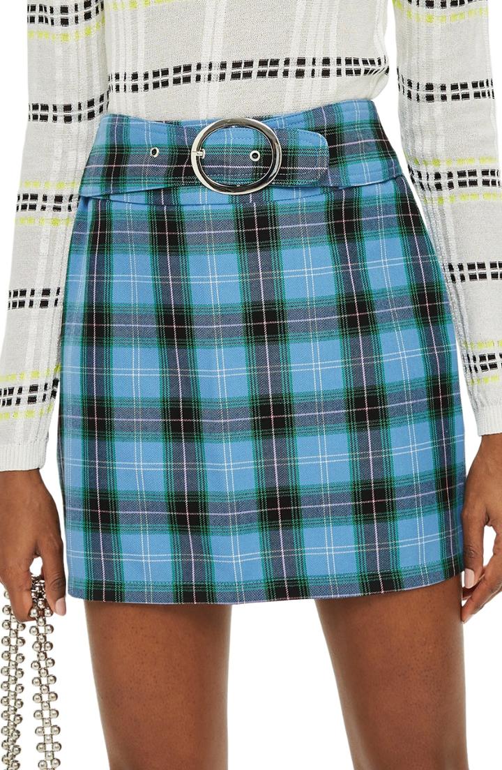 Women's Topshop Circle Buckle Check Miniskirt Us (fits Like 2-4) - Blue