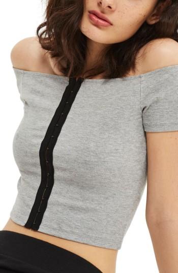 Women's Topshop Crop Off The Shoulder Top Us (fits Like 0-2) - Grey