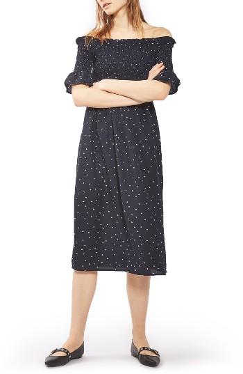 Women's Topshop Bardot Star Smocked Midi Dress Us (fits Like 0) - Blue