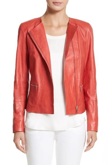Women's Lafayette 148 New York Caridee Glazed Lambskin Leather Jacket, Size - Red