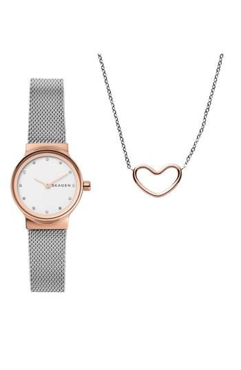 Women's Skagen Freja Crystal Mesh Strap Watch & Necklace Set, 26mm