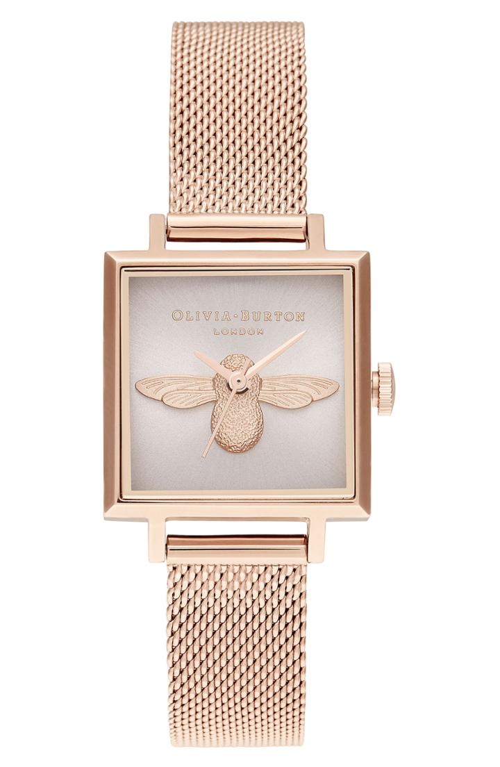 Women's Olivia Burton Square 3d Bee Mesh Strap Watch, 22mm
