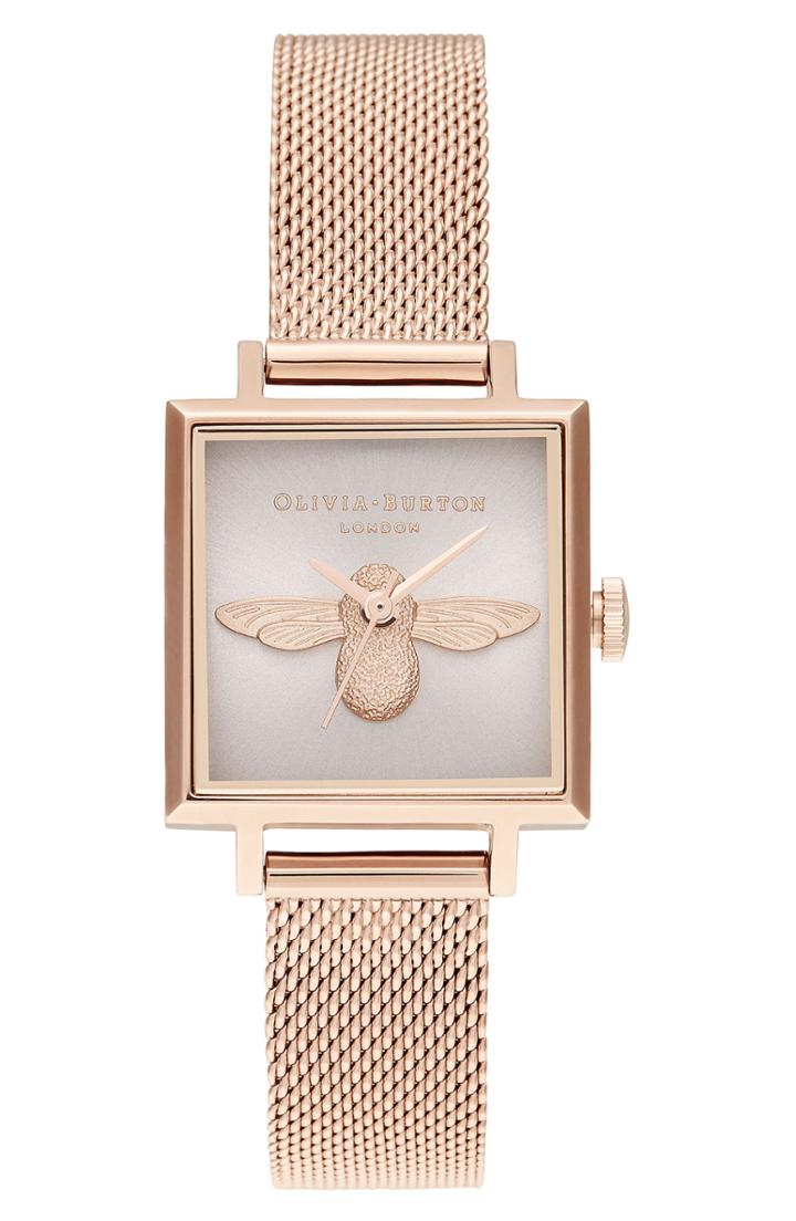 Women's Olivia Burton Square 3d Bee Mesh Strap Watch, 22mm