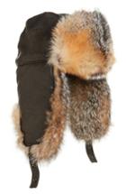 Men's Crown Cap Leather Trapper Hat With Genuine Fox Fur Lining - Black