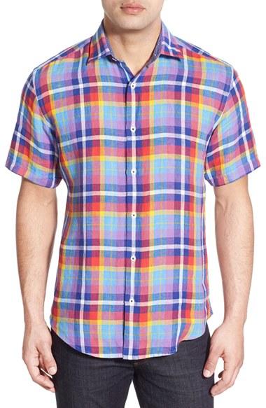 Men's Bugatchi Classic Fit Plaid Sport Shirt, Size - Red
