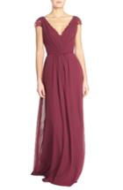 Women's Hayley Paige Occasions Lace & Chiffon Cap Sleeve Gown - Burgundy