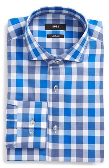 Men's Boss Jason Slim Fit Easy Iron Plaid Dress Shirt .5 - Blue
