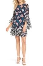 Women's Eliza J Flounce Bell Sleeve Floral Fil Coupe Chiffon Shift Dress - Blue