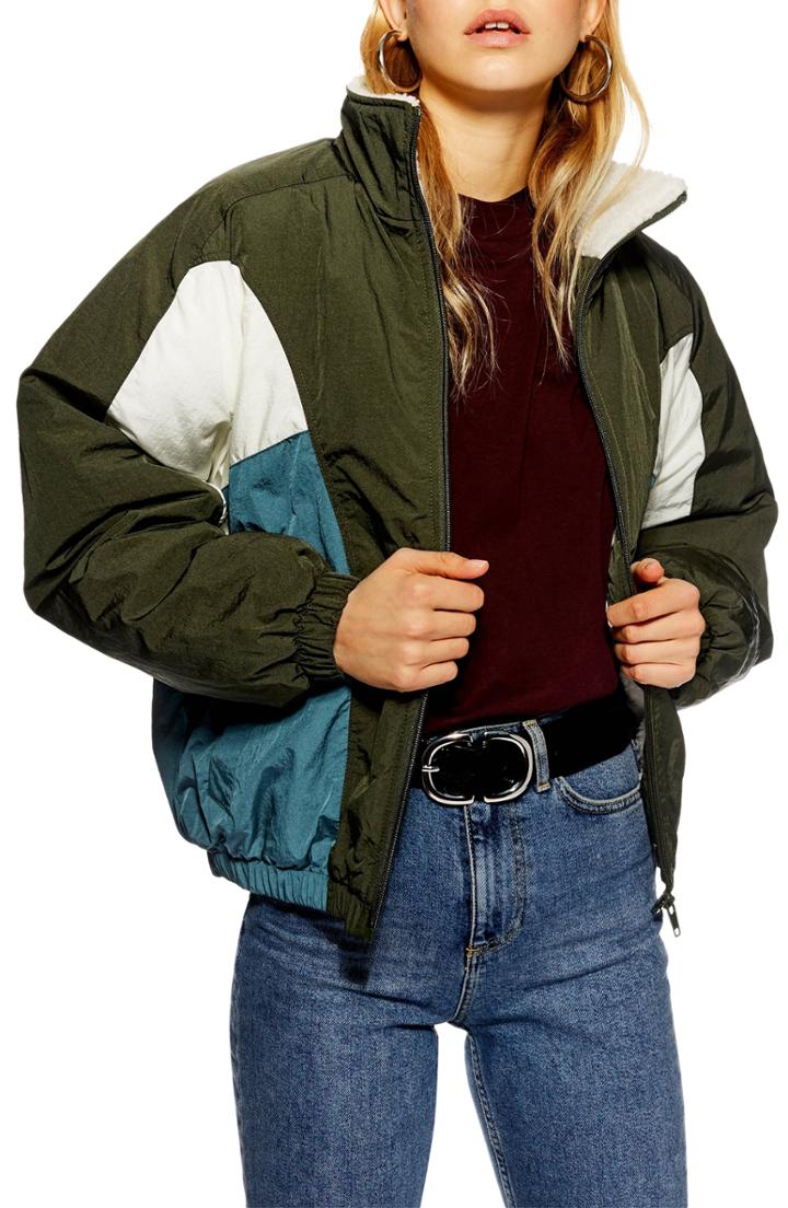 Women's Topshop Borg Windbreaker Jacket - Green