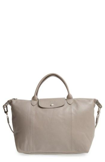 Longchamp Medium 'le Pliage Cuir' Leather Top Handle Tote - Grey