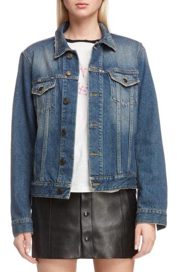 Women's Saint Laurent Mariner Logo Denim Jacket - Blue