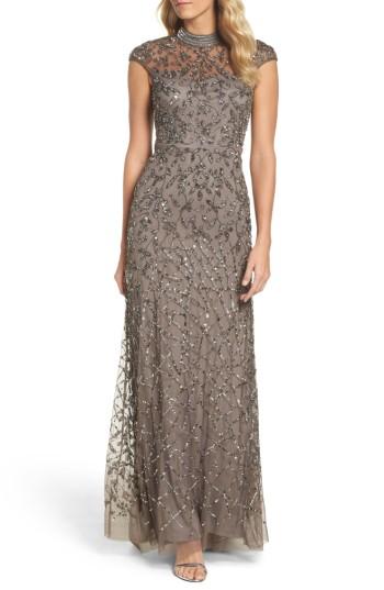 Women's Adrianna Papell Embellished Mesh Gown - Brown
