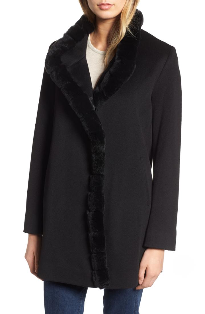 Women's Fleurette Loro Piana Wool Car Coat With Genuine Rex Rabbit Fur Trim - Black