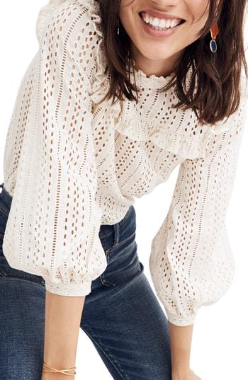 Women's Madewell Eyelet Ruffle Mock Neck Top