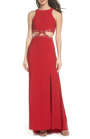 Women's Morgan & Co. Embellished Cutout Stretch Knit Gown /2 - Red